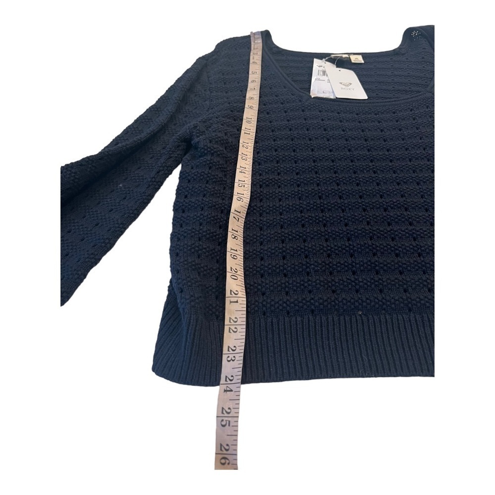 ROXY Pointelle Navy Birdy Day Square Neck Dropped Balloon Sleeve Navy Sweater - Picture 6 of 12